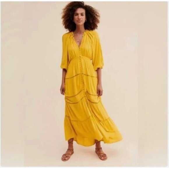 Anthropologie En Elly Sunset Tiered Golden Yellow Maxi Dress S - Picture 1 of 10